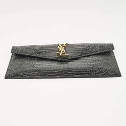 Pre Owned Saint Laurent Black Croc Embossed Leather Uptown Clutch