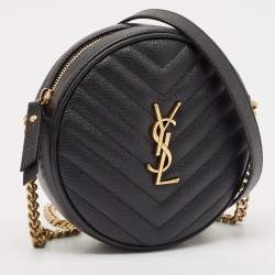Pre Owned Saint Laurent Black Quilted Leather Monogram Round Chain Bag
