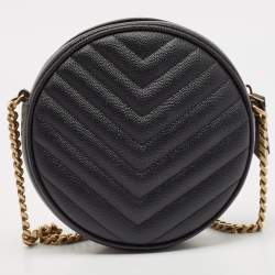 Pre Owned Saint Laurent Black Quilted Leather Monogram Round Chain Bag