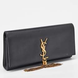 Saint Laurent Black Leather Cassandre Tassel Flap Clutch