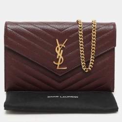 Pre Owned Saint Laurent Burgundy Matelassé Leather Cassandre Envelope Wallet on Chain