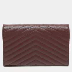 Pre Owned Saint Laurent Burgundy Matelassé Leather Cassandre Envelope Wallet on Chain
