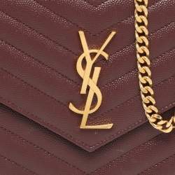 Pre Owned Saint Laurent Burgundy Matelassé Leather Cassandre Envelope Wallet on Chain