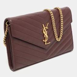 Pre Owned Saint Laurent Burgundy Matelassé Leather Cassandre Envelope Wallet on Chain