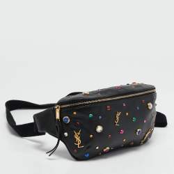 Pre Owned Saint Laurent Black Leather Crystal Embellished Monogram Belt Bag