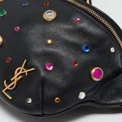 Pre Owned Saint Laurent Black Leather Crystal Embellished Monogram Belt Bag