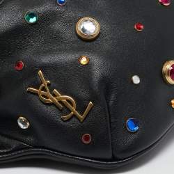 Pre Owned Saint Laurent Black Leather Crystal Embellished Monogram Belt Bag