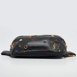 Pre Owned Saint Laurent Black Leather Crystal Embellished Monogram Belt Bag
