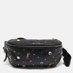 Pre Owned Saint Laurent Black Leather Crystal Embellished Monogram Belt Bag