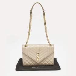 Pre Owned Saint Laurent Beige Mix Matelassé Leather Medium Envelope Chain Bag