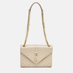 Pre Owned Saint Laurent Beige Mix Matelassé Leather Medium Envelope Chain Bag