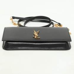 Pre Owned Saint Laurent Black Leather Cassandre Phone Holder Crossbody Bag