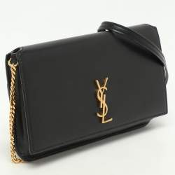 Pre Owned Saint Laurent Black Leather Cassandre Phone Holder Crossbody Bag