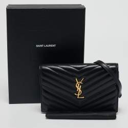 Saint Laurent Black Matelassé Leather Cassandre Envelope Wallet on Chain