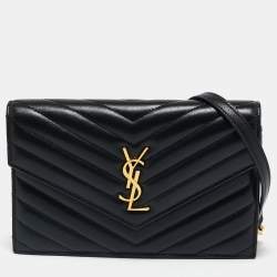 Saint Laurent Black Matelassé Leather Cassandre Envelope Wallet on Chain