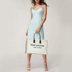 Saint Laurent Two Tone Beige Canvas Large Rive Gauche Tote