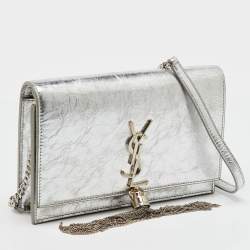 Saint Laurent Silver Crackled Leather Kate Tassel Wallet on Chain 