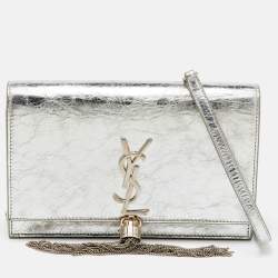Saint Laurent Silver Crackled Leather Kate Tassel Wallet on Chain 