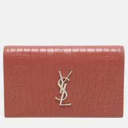 Saint Laurent Nude Rose Croc Embossed Leather Monogram Clutch 