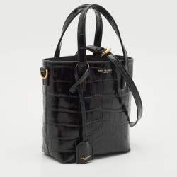 Pre Owned Saint Laurent Black Croc Embossed Leather Mini Toy Bucket Bag