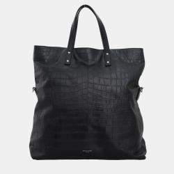 Saint Laurent Paris Black Crocodile Embossed Leather Tote Bag