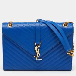 Saint Laurent Blue Matelassé Leather Large Monogram Envelope Shoulder Bag