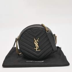 Saint Laurent Black Matelasse Leather Monogram Round Crossbody Bag