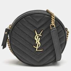Saint Laurent Black Matelasse Leather Monogram Round Crossbody Bag