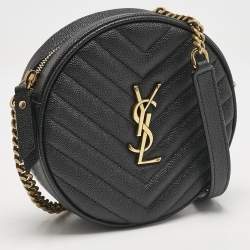 Saint Laurent Black Matelasse Leather Monogram Round Crossbody Bag