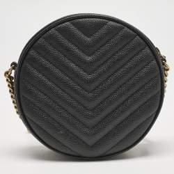 Saint Laurent Black Matelasse Leather Monogram Round Crossbody Bag