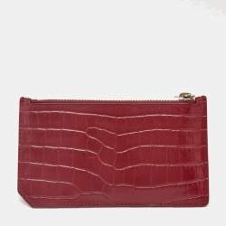 Saint Laurent Burgundy Croc Embossed Leather Zip Card Holder