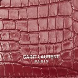 Saint Laurent Burgundy Croc Embossed Leather Zip Card Holder