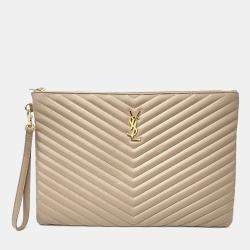 Saint Laurent Paris Beige Leather Monogram Clutch