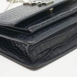 Saint Laurent Navy Blue Croc Embossed Leather Sunset Wallet On Chain