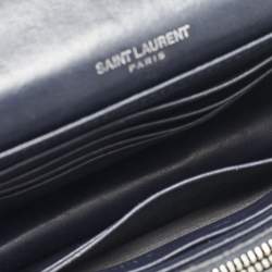 Saint Laurent Navy Blue Croc Embossed Leather Sunset Wallet On Chain