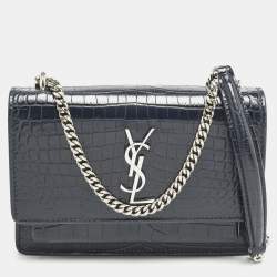 Saint Laurent Navy Blue Croc Embossed Leather Sunset Wallet On Chain