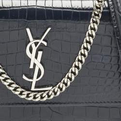 Saint Laurent Navy Blue Croc Embossed Leather Sunset Wallet On Chain