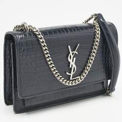 Saint Laurent Navy Blue Croc Embossed Leather Sunset Wallet On Chain