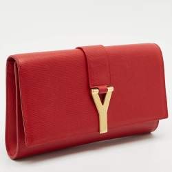Saint Laurent Red Texured Leather Y Line Clutch