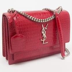 Saint Laurent Red Croc Embossed Leather Medium Sunset Shoulder Bag