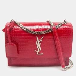 Saint Laurent Red Croc Embossed Leather Medium Sunset Shoulder Bag