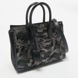 Saint Laurent Black Camo Suede and Leather Nano Classic Sac De Jour Tote
