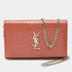 Saint Laurent Pink Croc Embossed Leather Monogram Wallet On Chain