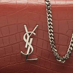 Saint Laurent Pink Croc Embossed Leather Monogram Wallet On Chain