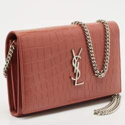 Saint Laurent Pink Croc Embossed Leather Monogram Wallet On Chain