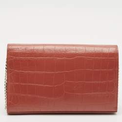 Saint Laurent Pink Croc Embossed Leather Monogram Wallet On Chain