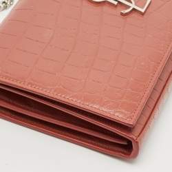 Saint Laurent Pink Croc Embossed Leather Monogram Wallet On Chain