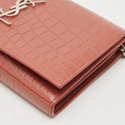 Saint Laurent Pink Croc Embossed Leather Monogram Wallet On Chain