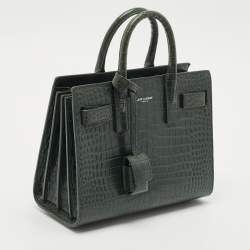 Saint Laurent Dark Green Croc Embossed Leather Nano Classic Sac De Jour Tote