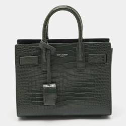 Saint Laurent Dark Green Croc Embossed Leather Nano Classic Sac De Jour Tote